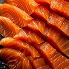 This image presents vividly colored and neatly organized cuts of fresh salmon. It highlights the appetizing and fresh appeal of the seafood.