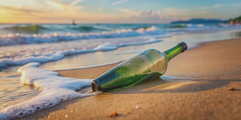 bottle washed ashore rests in the sand AI-Created Content