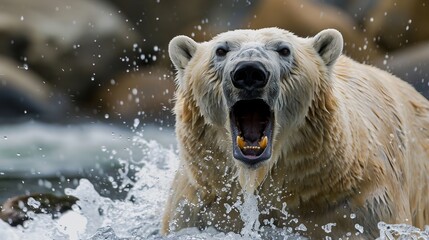 Fototapeta premium A majestic polar bear is captured mid-roar, with water splashing intensely around it, highlighting the raw power and untamed nature of this incredible Arctic creature.