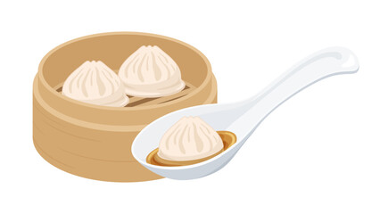 せいろに入った小籠包をレンゲで食べるイラスト
