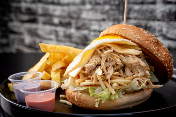 Delicious shredded chicken sandwich with cheese, egg and chips
