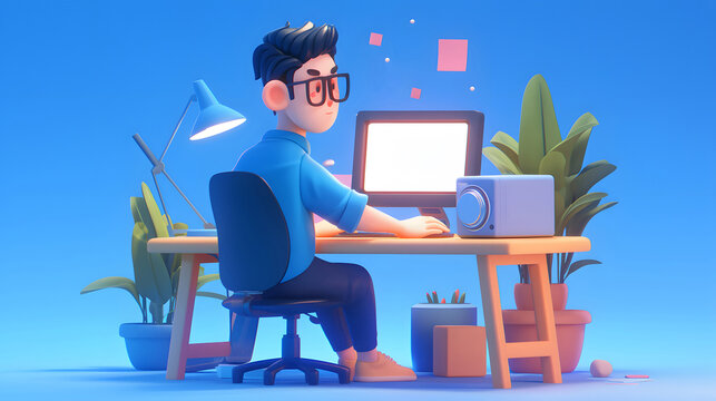 Boy working hard 3D cartoon illustration