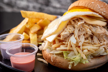 Delicious shredded chicken sandwich with cheese, egg and chips
