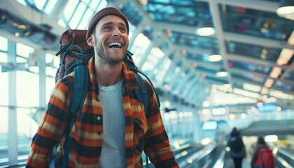 Joyful young man with backpack navigates airport terminal, symbolizing solo traveler's anticipation