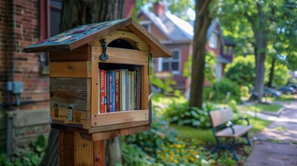 An artistic mailbox designed like a miniature library, with books inside and a small bench nearby, set in a creative and lively urban neighborhood.