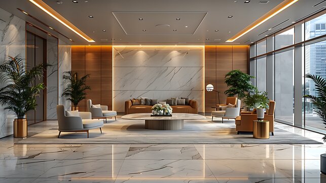 A high-resolution photo of a modern office lobby with clean lines and soft colors, professional and inviting, 