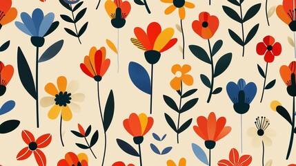 Obraz premium An engaging graphic floral pattern featuring stylized flowers with bold colors on a beige background, providing a cheerful and vibrant decorative design.