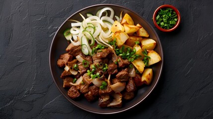 Savory Beef Steak Dish with Roasted Potatoes and Vegetables on Dark Moody Background