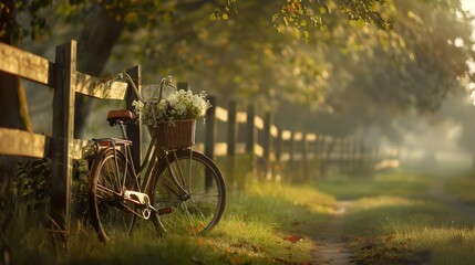 Fototapeta premium Vintage Bicycle with Flower Basket on a Peaceful Autumn Countryside Path