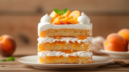 Layered Citrus Cake with Creamy Topping and Fresh Fruit Garnish