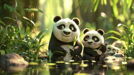 Fototapeta premium A parent and baby panda are seen together in a serene forest pond, depicting a beautiful bond and moment of tenderness between a mother and her young in nature’s embrace.