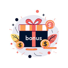 Gift box with and bonus text flat concept. May be used for Loyalty program, e-commerce discount service concept, bonus, cash back. Vector illustration EPS 10