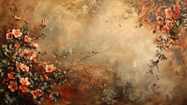 A traditional painted canvas studio portrait backdrop with rich, warm tones and a subtle floral design, providing ample copy space on the right side