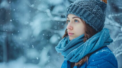 A young woman, wrapped in a blue coat and scarf, looks into the distance on a snowy day, her thoughtful expression capturing the serene beauty of the winter outdoors.