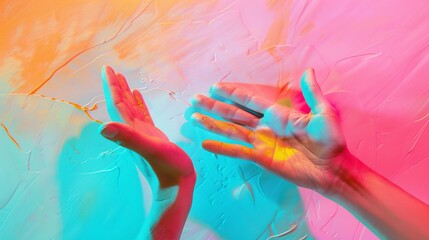 Obraz premium An abstract representation of hands set against a vibrant, colorful background, showcasing an explosion of hues and textures, creating a dynamic and energetic visual impact.