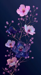 Fototapeta premium Futuristic bouquet of flowers with metallic textures and neon outlines, floating in a dark, virtual reality space, creating an ethereal effect, Fantasy, Digital Art, High Detail