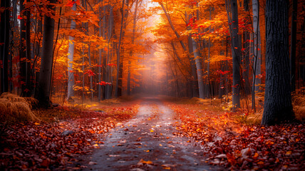 Peaceful Forest Pathway Amidst Autumn Leaves