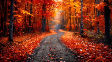 Serene Forest Path with Vibrant Autumn Leaves