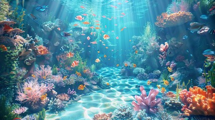 Naklejka premium A beautiful underwater scene showcasing a vibrant coral reef teeming with colorful fish and illuminated by bright sunlight streaming through the water.