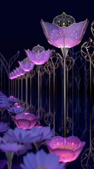 Futuristic garden with neon holographic flowers, glowing against a dark cityscape, creating a magical ambiance, Sci-fi, Digital Art, High Detail