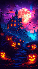 Haunting Halloween Mansion With Glowing Pumpkins and Full Moon