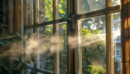 A cleaning staff is seen diligently cleaning windows with focused effort, ensuring sparkling