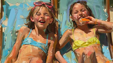A painting of two joyful children in swimsuits eating hot dogs on a sunny day, capturing the vibrant colors and carefree spirit of a fun-filled summer day.
