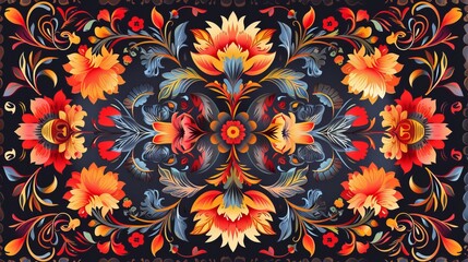 An intricate floral pattern with vibrant colors and traditional design elements, showcasing detailed and symmetrical arrangements of flowers and leaves against a dark backdrop.
