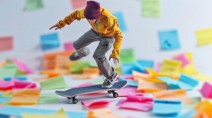 This image captures a skateboarder in mid-air performing tricks against a backdrop of vibrant sticky notes, highlighting the blend of street culture with colorful, creative elements.