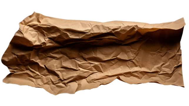 A crumpled piece of brown paper isolated on a white background, showcasing and creases in a close-up view.