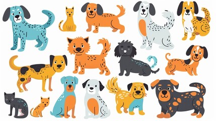 This image showcases a collection of colorful cartoon dogs and cats in various poses and breeds, perfect for children's illustrations or playful design projects.