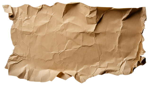 Crumpled brown paper isolated on a white background, perfect for design elements and creative projects.