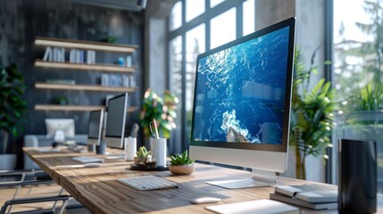 Modern Home Design on CAD Displayed in a Bright and Tidy Office with Triple Monitor Setup