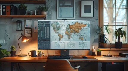 Modern Home Design on CAD Displayed in a Bright and Tidy Office with Triple Monitor Setup