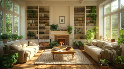 Serene Sunlit Home Library with Fireplace and Comfortable Seating  