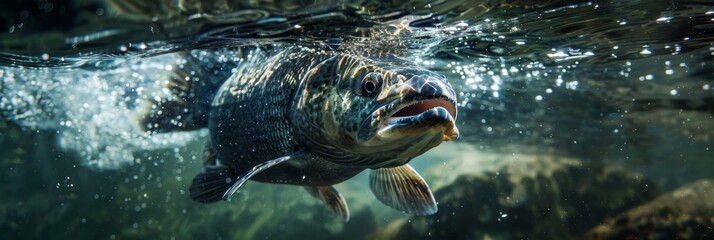 Obraz premium A photo showcases a rubber fish with a fishing hook as bait, floating on the water, designed