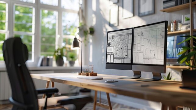 Modern Home Design on CAD Displayed in a Bright and Tidy Office with Triple Monitor Setup