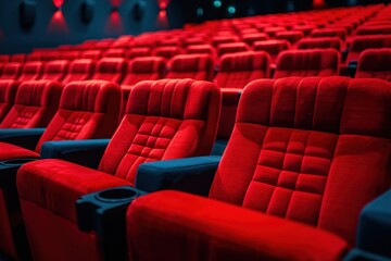 Fototapeta premium Close up of rows of red theatre seats at a cinema hall, perspective front view