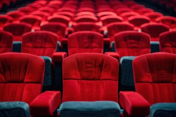 Naklejka premium Close up of rows of red theatre seats at a cinema hall, perspective front view