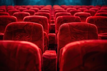 Close up of rows of red theatre seats at a cinema hall, perspective front view