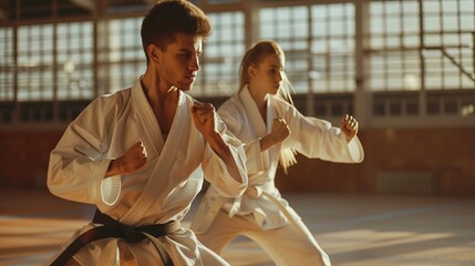 Two individuals dressed in white karate uniforms are training in a spacious dojo. They are focused and in a strong, practiced stance, ready for a sparring session.