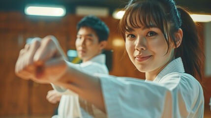 A pair of karate practitioners engage in a training session, their expressions of intense focus highlighting their dedication to martial arts and personal growth.