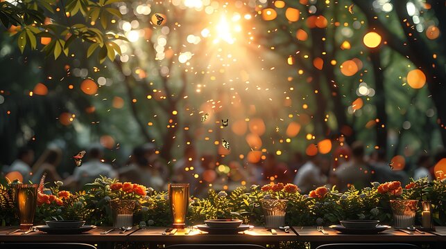 Retirement party invitation featuring open area writing space center scene depicts serene garden party friend family gathered celebrate retiree's career writing space includes retirementthemed icon