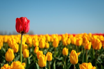 Close up Single red tulip in bloom in a field with many yellow-orange tulips against a clear blue sky