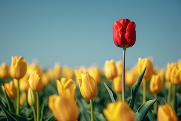 Close up Single red tulip in bloom in a field with many yellow-orange tulips against a clear blue sky