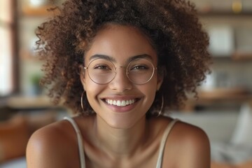 Happy candid businesswoman working remotely at her laptop. Female on a virtual video call meeting
