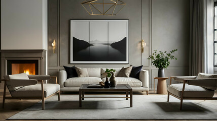 In a modern living room interior, a sleek mockup frame takes center stage, blending seamlessly with the surrounding furniture and decor. The frame's minimalist design and clean lines complement room