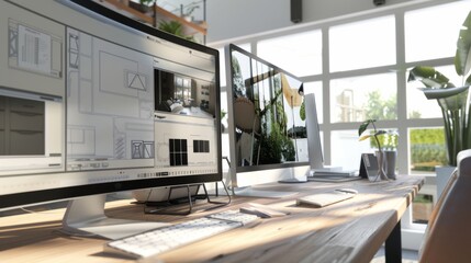 Modern Home Design on CAD Displayed in a Bright and Tidy Office with Triple Monitor Setup