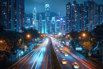 Fototapeta premium Light flow of traffic on a nighttime highway in a city with modern high buildings