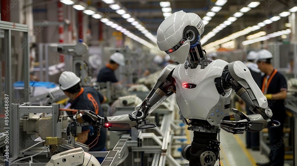 Poster humanoid robot working on a factory assembly line
